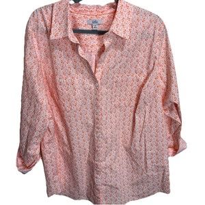 Croft & Barrow Shirt Womens 2X Plus Orange White Top Blouse Cotton Casual Ladies